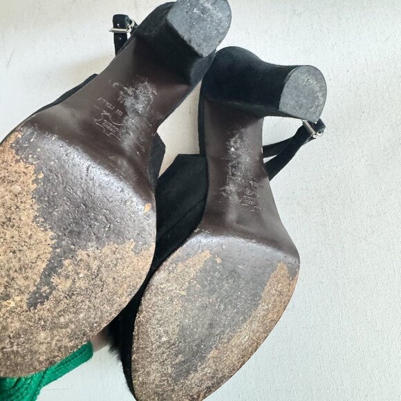 Suede Leather Fur Rosette Detail Peep toe Sling Back Heels 6.5 - Picture 9 of 11